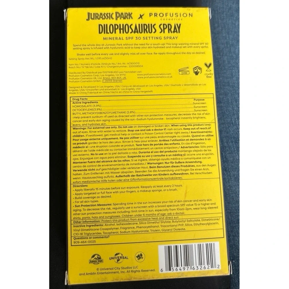 NEW Profusion x Jurassic Park Dilophosaurus Spray Mineral SPF 30 Setting Spray
